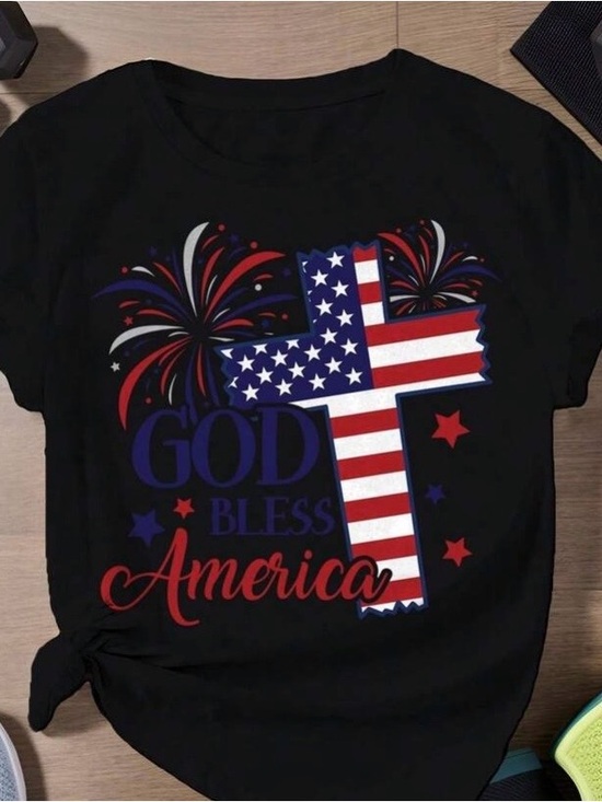 Tops - God Bless America Cross Tee Patriotic Christian Shirt USA Graphic Holiday Faith